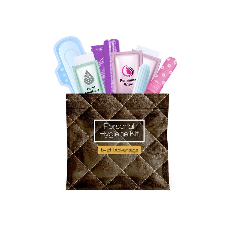 pH Advantage Menstrual Kit AllinOne Convenience on The Go Single Period Kit Pack for Travelling Tweens Teenagers or Emergency situations Individually Wrapped Feminine Hygiene Products Leather Dark