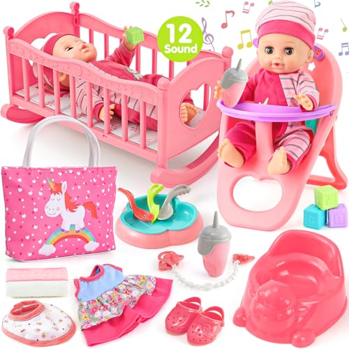 Golray 12in Girl Baby Doll Crib and High Chair Set SoundPee Interactive Baby Doll with 20pcs Accessories Diaper BagCradle2 Clothes Feeding Nursery Pretend Play Toddler Girl Toy Gift 3 4 5 6 Year - Image 1
