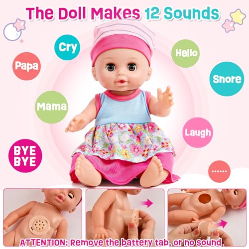 Golray 12in Girl Baby Doll Crib and High Chair Set SoundPee Interactive Baby Doll with 20pcs Accessories Diaper BagCradle2 Clothes Feeding Nursery Pretend Play Toddler Girl Toy Gift 3 4 5 6 Year - Image 5