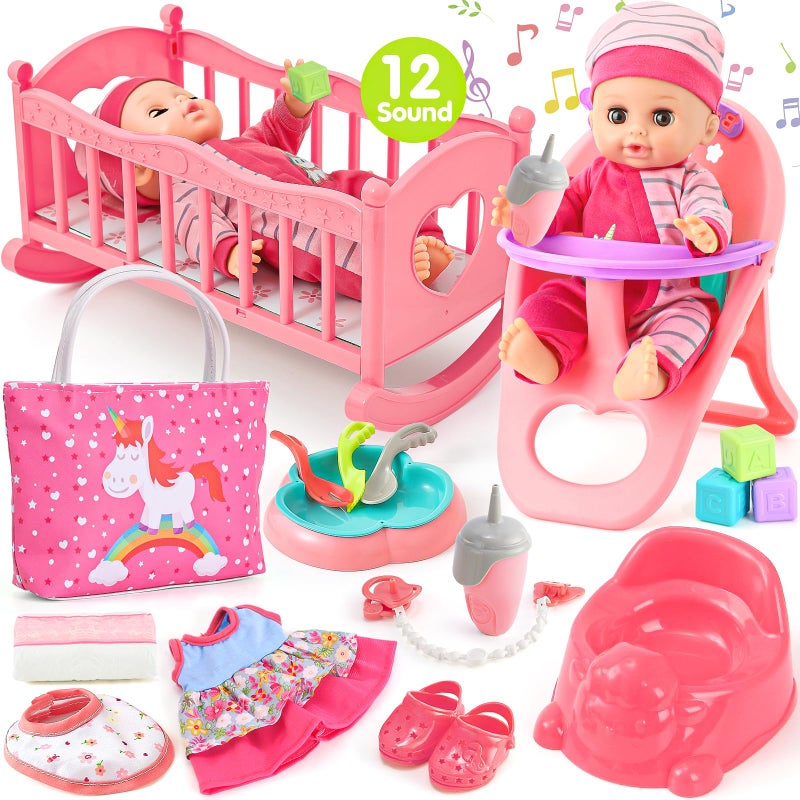 Golray 12in Girl Baby Doll Crib and High Chair Set SoundPee Interactive Baby Doll with 20pcs Accessories Diaper BagCradle2 Clothes Feeding Nursery Pretend Play Toddler Girl Toy Gift 3 4 5 6 Year - Image 2