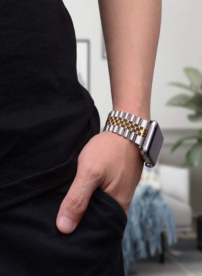 Caviar Compatible with Apple Watch Band 45mm, iWatch SE& Series 8 7 6 Band Replacement Stainless Steel Strap with Butterfly Folding Clasp Silver/Gold, 45mm - Image 4