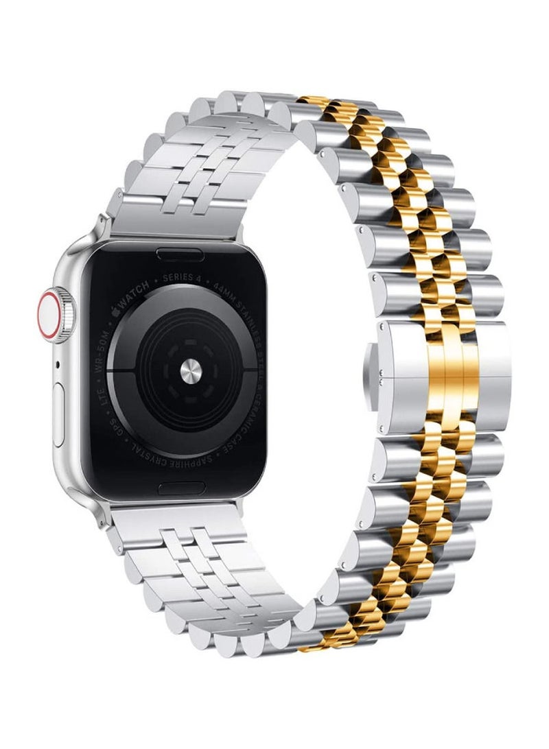 Caviar Compatible with Apple Watch Band 45mm, iWatch SE& Series 8 7 6 Band Replacement Stainless Steel Strap with Butterfly Folding Clasp Silver/Gold, 45mm - Image 2