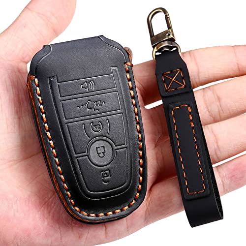 EASYANT Leather Car Key Fob Cover Fit for Ford F-150 Mustang Remote Keyless Entry Car Smart Key Sleeve 5 Buttons Black - Image 1