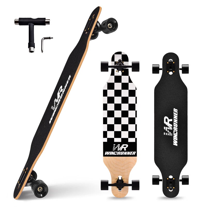 Windrunner 41 inch Freeride Longboard Skateboard,8-Ply Natural Maple Drop Through Freestyle Complete Skateboard Cruiser Pintail for Cruising,Carving,Free-Style and Downhill,Black and White Case - Image 1