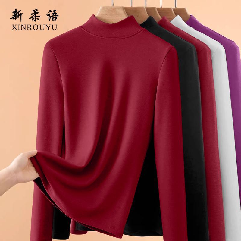 Double-sided Thread Long-sleeved T-shirt Womens Inner Wear Autumn Winter fleece-lined Fashionable Base Shirt Half-high Collar Warm Top Pink [a046 single piece] - Image 5