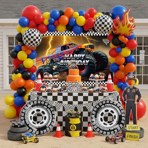froufing Truck Birthday Decorations include Red Blue Yellow Balloons Ribbon Arch Cake Paper Card Toppers Tablecloth Backdrop Monster Truck Theme Birthday Decor for Boys Racing Party Decoration Supplies - Image 1