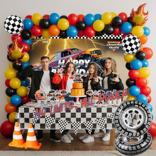 froufing Truck Birthday Decorations include Red Blue Yellow Balloons Ribbon Arch Cake Paper Card Toppers Tablecloth Backdrop Monster Truck Theme Birthday Decor for Boys Racing Party Decoration Supplies - Image 3