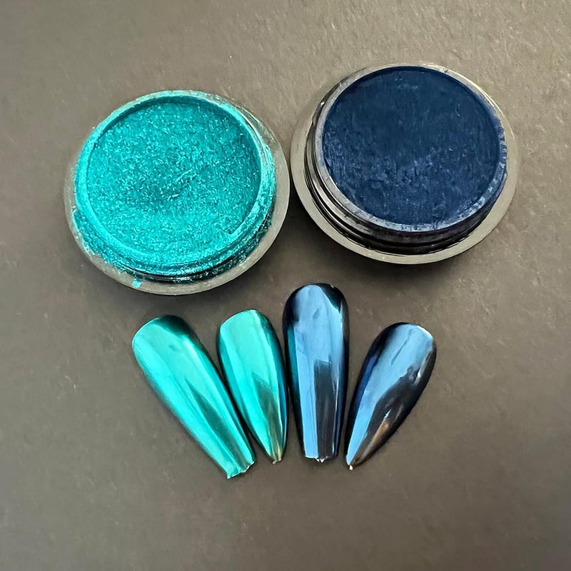 Green Blue Chrome Nail Powder Set Metallic Mirror Effect Holographic Nail Powder, Nail Art Glitter Decoration Green Nail Chrome Powder Set 2 Jars
