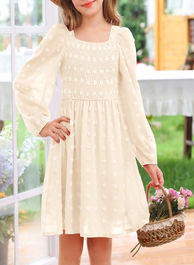 HOSIKA Girls Long Sleeve Dress Swiss Dot Square Neck Smocked Fall Dresses with Pockets 6-12 Years, Apricot, 6 Years - Image 4
