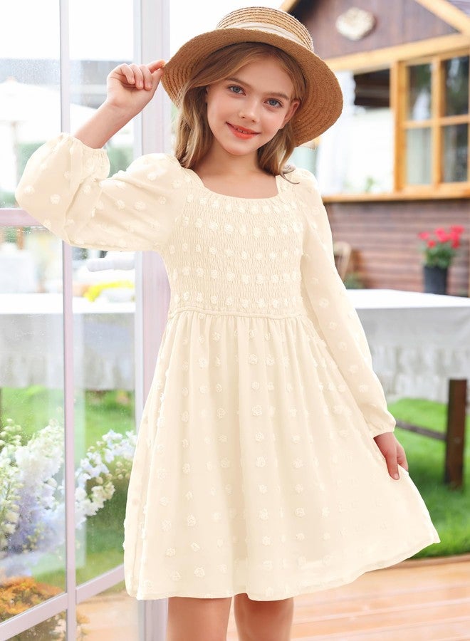 HOSIKA Girls Long Sleeve Dress Swiss Dot Square Neck Smocked Fall Dresses with Pockets 6-12 Years, Apricot, 6 Years - Image 2