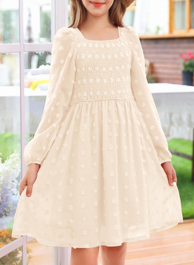 HOSIKA Girls Long Sleeve Dress Swiss Dot Square Neck Smocked Fall Dresses with Pockets 6-12 Years, Apricot, 6 Years - Image 3