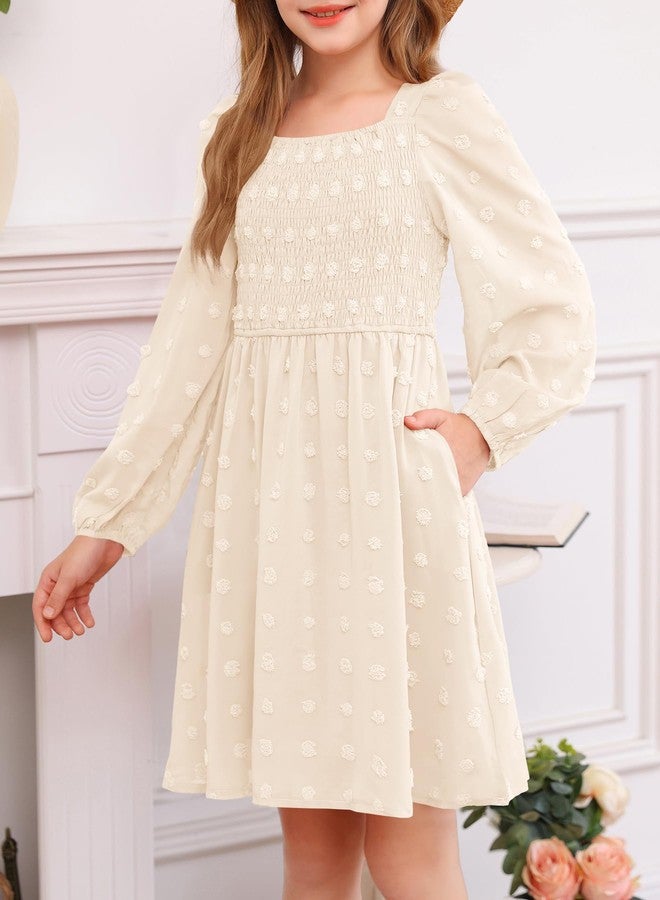 HOSIKA Girls Long Sleeve Dress Swiss Dot Square Neck Smocked Fall Dresses with Pockets 6-12 Years, Apricot, 6 Years - Image 5