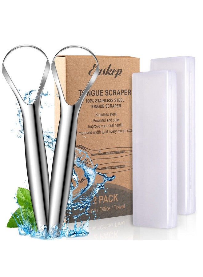 Easkep Scraper (2 Pack), Wide-Head Tongue Cleaner With Nice Carrying Box, Easkep 100% Stainless Steel Tongue Scrapers Cleaners, For Men, Women, Adults, Kids，Silver - Image 1