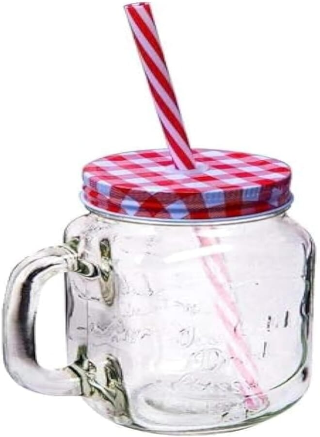 Spaceshoop Mason Glass Drinking Jar with Straw & Lid, 1 Piece, Modern Style, Multi Color, Reusable, Microwave & Dishwasher Safe