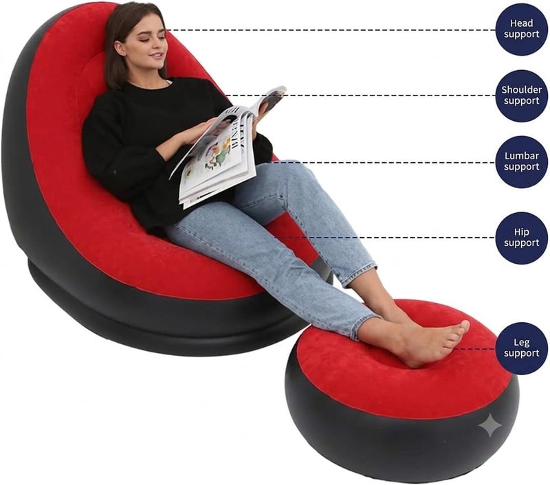 Premium Inflatable Lounge Chair with Ottoman Set - Ultra Comfort Flocked Air Sofa and Footrest for Living Room, Bedroom, and Indoor Outdoor Relaxation - Red and Black - Image 4