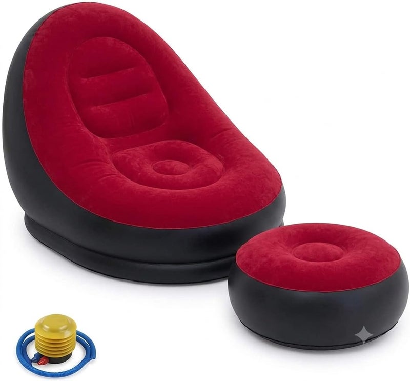 Premium Inflatable Lounge Chair with Ottoman Set - Ultra Comfort Flocked Air Sofa and Footrest for Living Room, Bedroom, and Indoor Outdoor Relaxation - Red and Black - Image 5