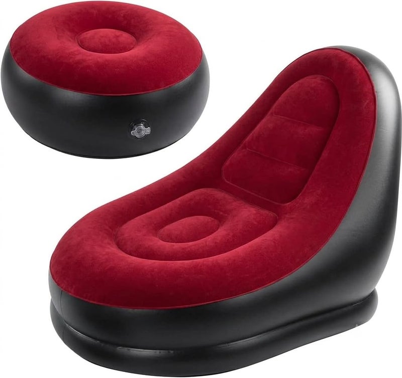 Premium Inflatable Lounge Chair with Ottoman Set - Ultra Comfort Flocked Air Sofa and Footrest for Living Room, Bedroom, and Indoor Outdoor Relaxation - Red and Black - Image 1