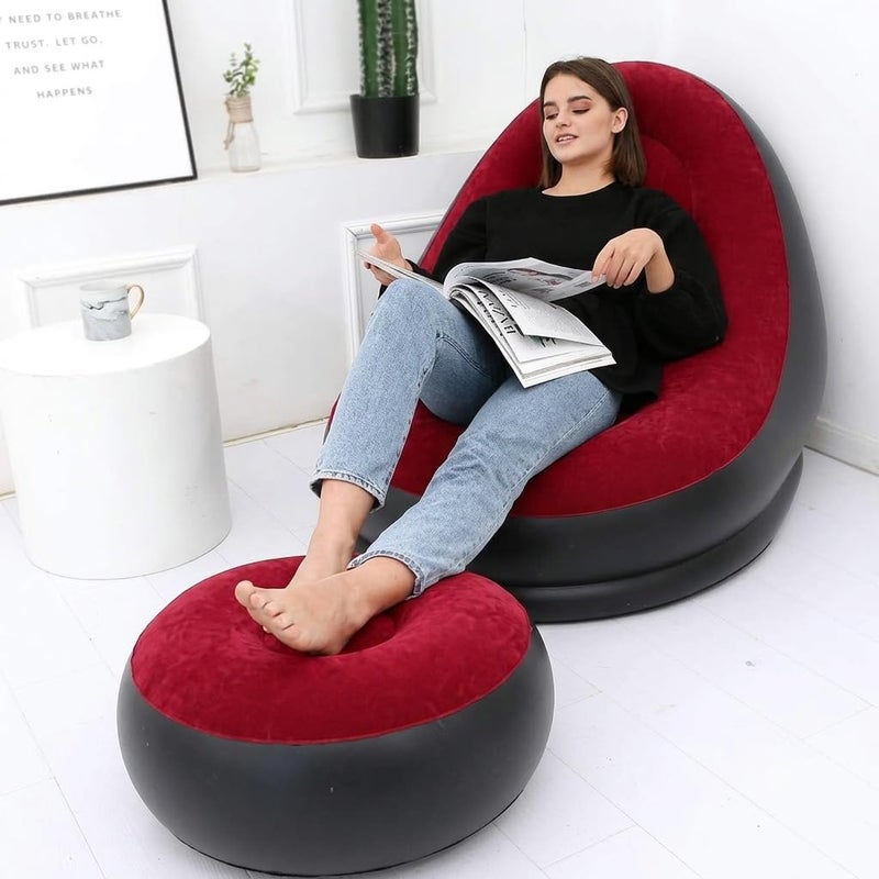 Premium Inflatable Lounge Chair with Ottoman Set - Ultra Comfort Flocked Air Sofa and Footrest for Living Room, Bedroom, and Indoor Outdoor Relaxation - Red and Black - Image 2