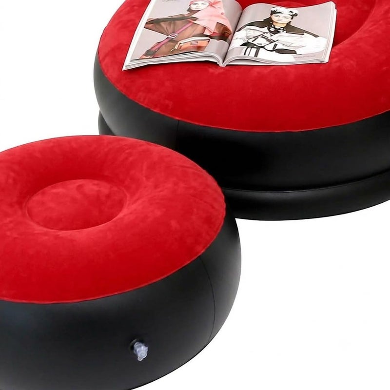 Premium Inflatable Lounge Chair with Ottoman Set - Ultra Comfort Flocked Air Sofa and Footrest for Living Room, Bedroom, and Indoor Outdoor Relaxation - Red and Black - Image 3