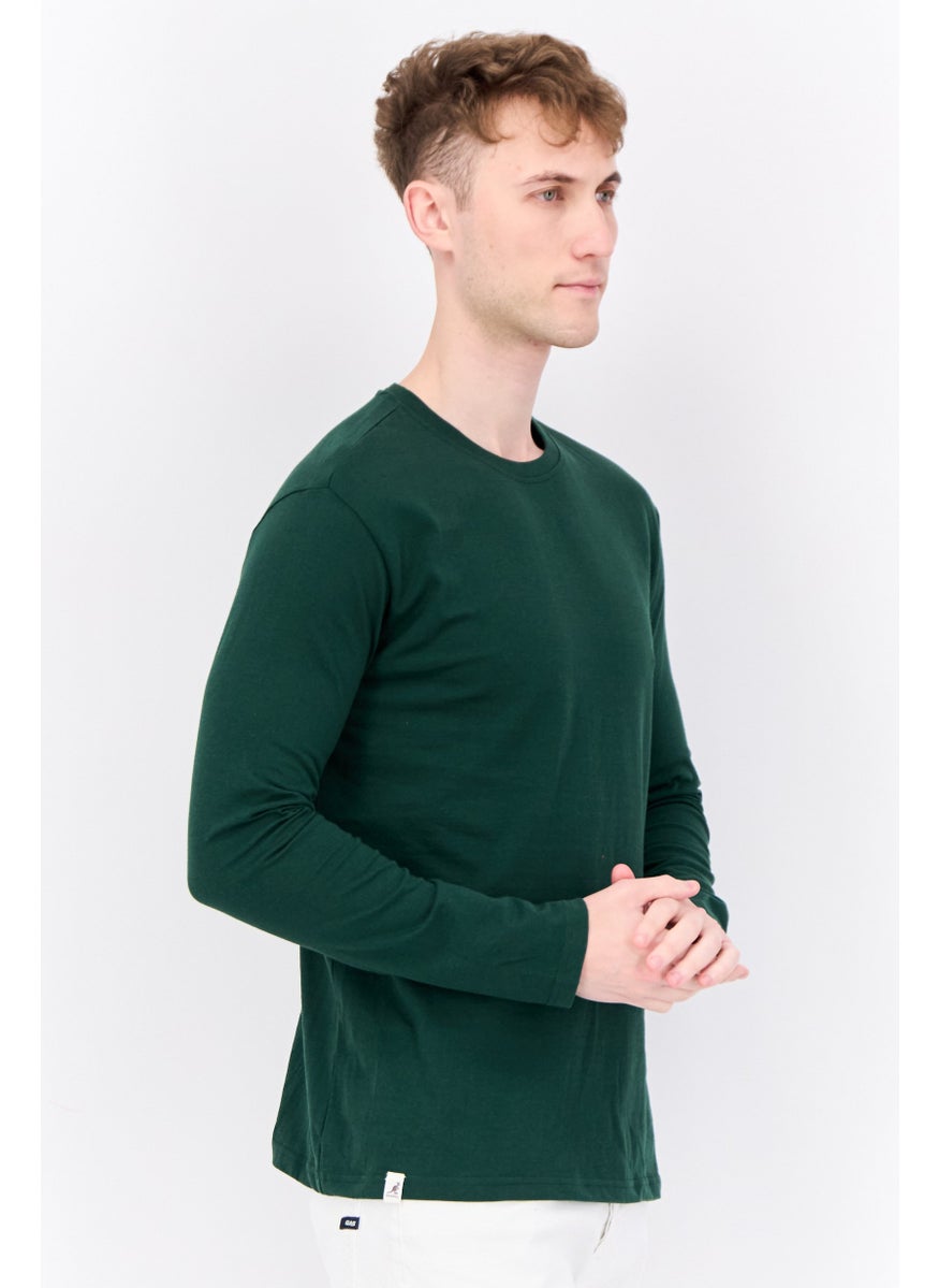 KANGOL - Men Crew Neck Long Sleeves Plain T-Shirt, Dark Green - Image 1