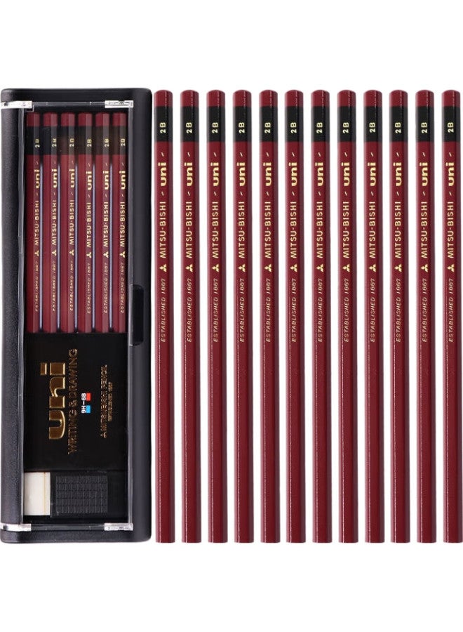 Uni قلم رصاص ميتسوبيشي (يوني) ذهبي 2B، قلم خشبي للكتابة والرسم والتصميم، 12 قلم/علبة (مع ممحاة)، 1887 - Image 1