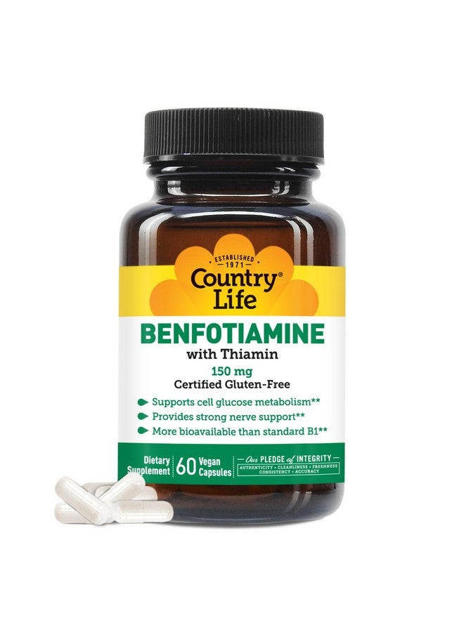 Country Life Benfotiamine with Thiamin,150mg, 60 Vegetarian Capsules, Certified Gluten Free, Certified Vegan - Image 1