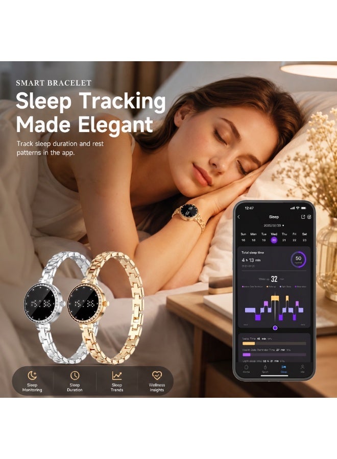 TDZDDYS Jewelry-Style Smart Bracelet Watch for Women, 26mm Small Round Fitness Tracker with Sleep Tracking, Steps, Cycle Reminder, Remote Camera, 6-Day Battery, Adjustable Golden/Silvery Bracelet Strap - Image 5