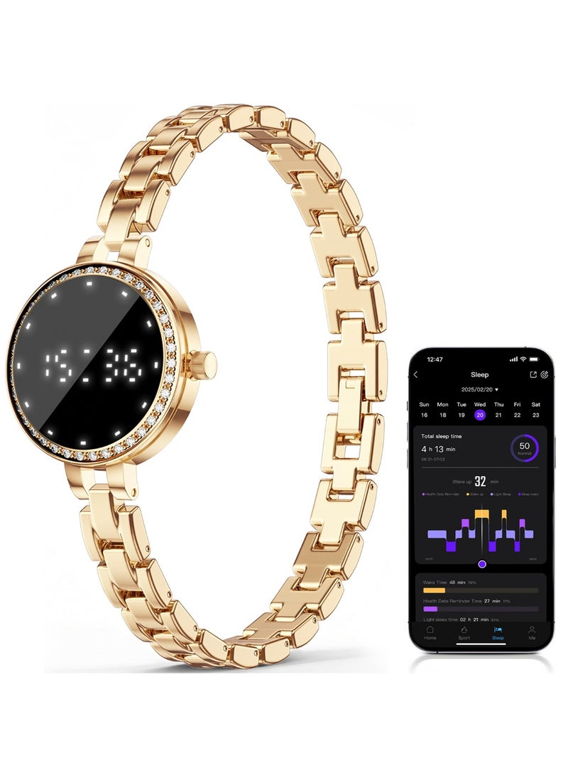 TDZDDYS Jewelry-Style Smart Bracelet Watch for Women, 26mm Small Round Fitness Tracker with Sleep Tracking, Steps, Cycle Reminder, Remote Camera, 6-Day Battery, Adjustable Golden/Silvery Bracelet Strap - Image 1