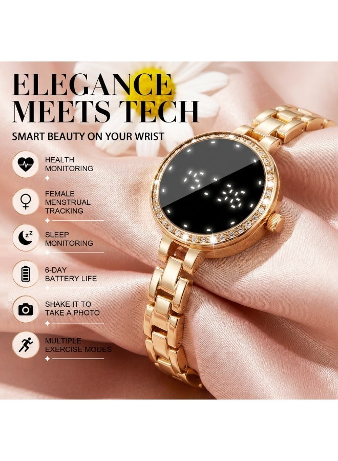 TDZDDYS Jewelry-Style Smart Bracelet Watch for Women, 26mm Small Round Fitness Tracker with Sleep Tracking, Steps, Cycle Reminder, Remote Camera, 6-Day Battery, Adjustable Golden/Silvery Bracelet Strap - Image 2