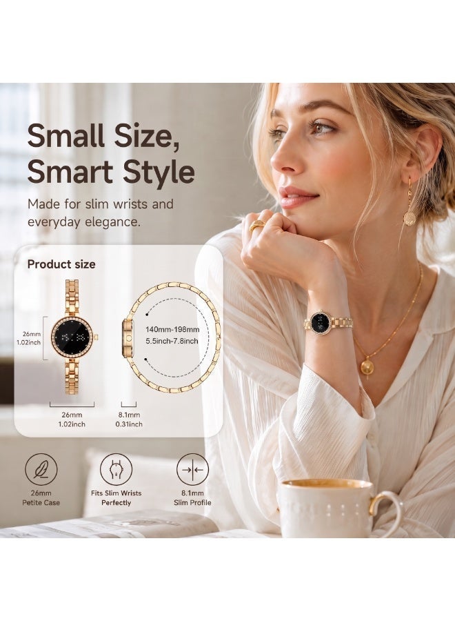 TDZDDYS Jewelry-Style Smart Bracelet Watch for Women, 26mm Small Round Fitness Tracker with Sleep Tracking, Steps, Cycle Reminder, Remote Camera, 6-Day Battery, Adjustable Golden/Silvery Bracelet Strap - Image 3