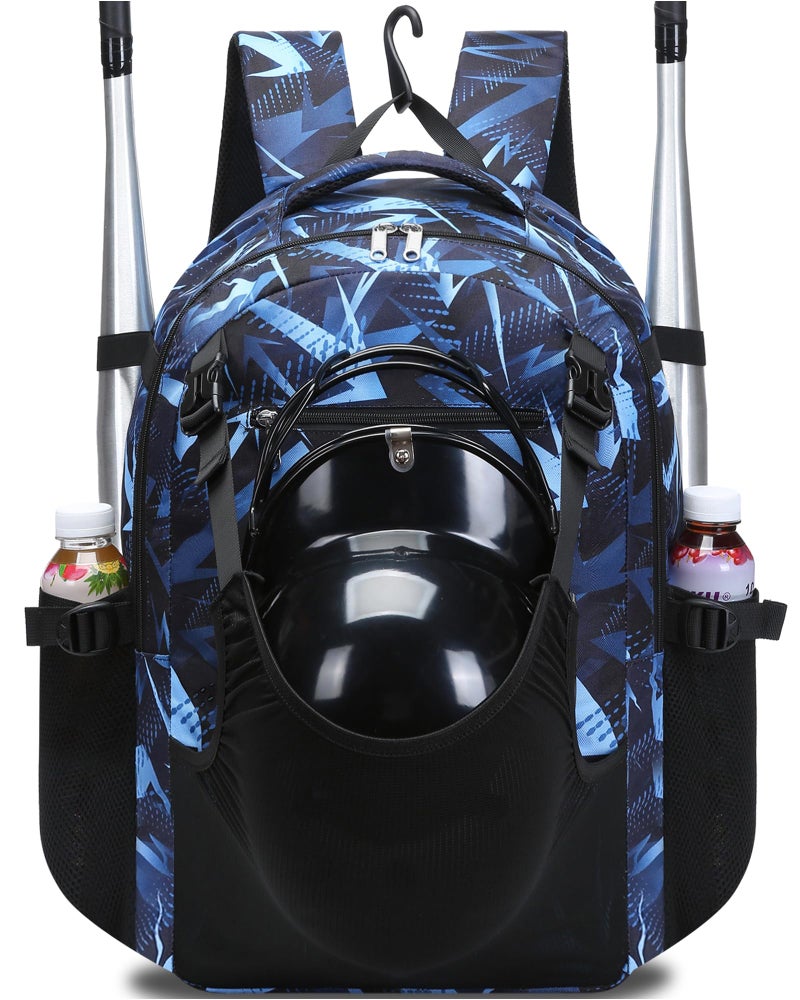 FOKDUVB Baseball Softball Backpack for Kids Boys Girls 6-8 8-12 12-14 Large Youth Bat Bag for Gear Storage Baseball Softball Tball Equipment Back Pack with Separate Shoe Bag (Black/Blue, Geometric) - Image 1
