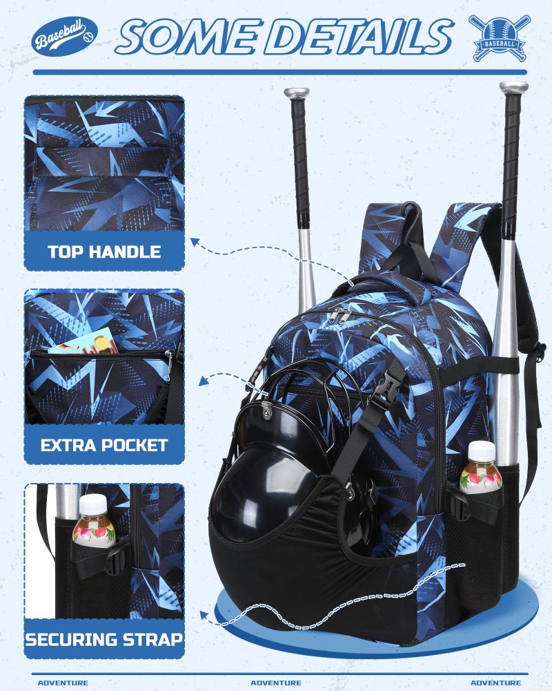 FOKDUVB Baseball Softball Backpack for Kids Boys Girls 6-8 8-12 12-14 Large Youth Bat Bag for Gear Storage Baseball Softball Tball Equipment Back Pack with Separate Shoe Bag (Black/Blue, Geometric) - Image 3