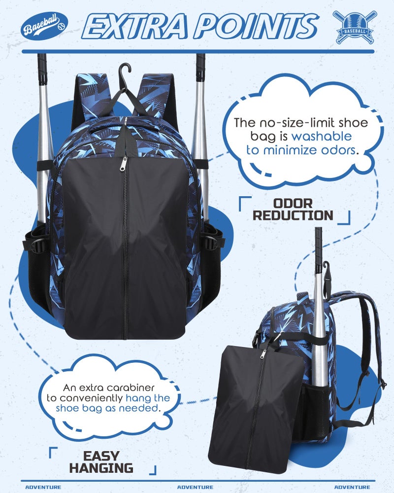 FOKDUVB Baseball Softball Backpack for Kids Boys Girls 6-8 8-12 12-14 Large Youth Bat Bag for Gear Storage Baseball Softball Tball Equipment Back Pack with Separate Shoe Bag (Black/Blue, Geometric) - Image 4