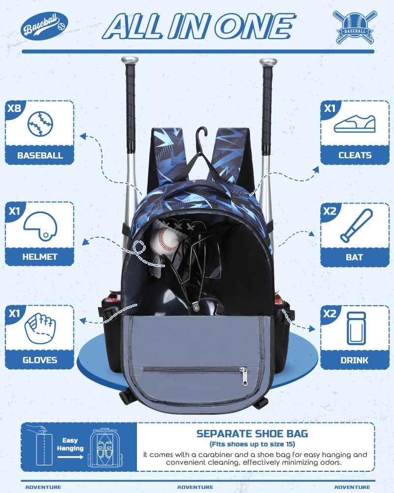 FOKDUVB Baseball Softball Backpack for Kids Boys Girls 6-8 8-12 12-14 Large Youth Bat Bag for Gear Storage Baseball Softball Tball Equipment Back Pack with Separate Shoe Bag (Black/Blue, Geometric) - Image 2