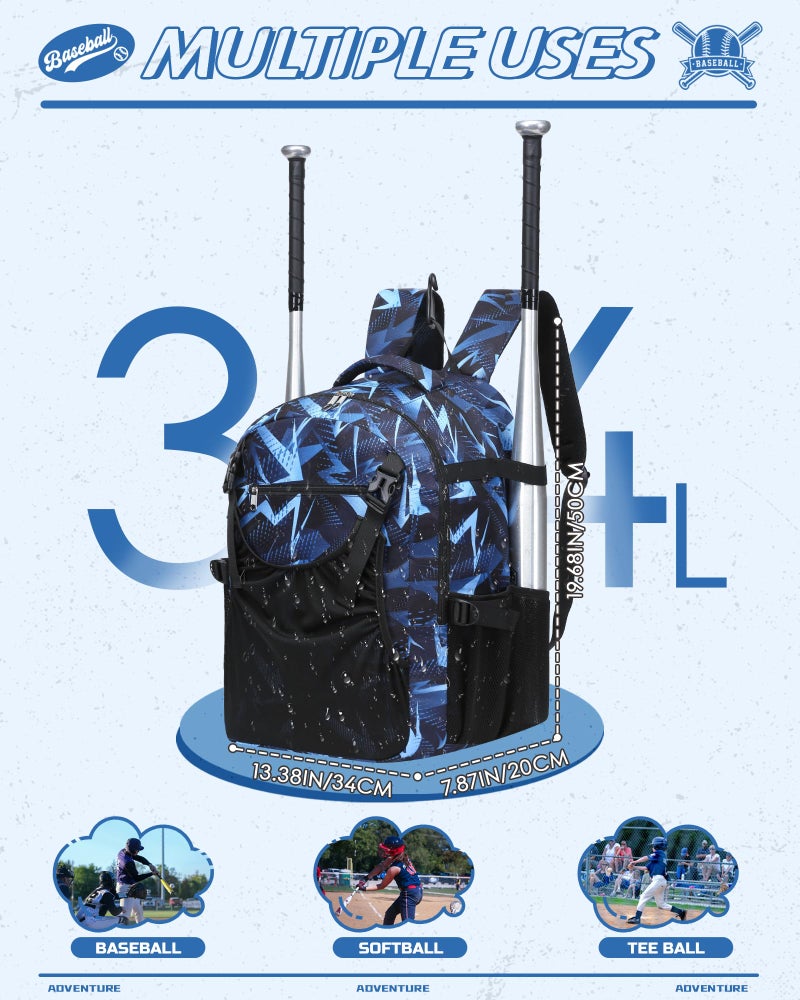 FOKDUVB Baseball Softball Backpack for Kids Boys Girls 6-8 8-12 12-14 Large Youth Bat Bag for Gear Storage Baseball Softball Tball Equipment Back Pack with Separate Shoe Bag (Black/Blue, Geometric) - Image 5