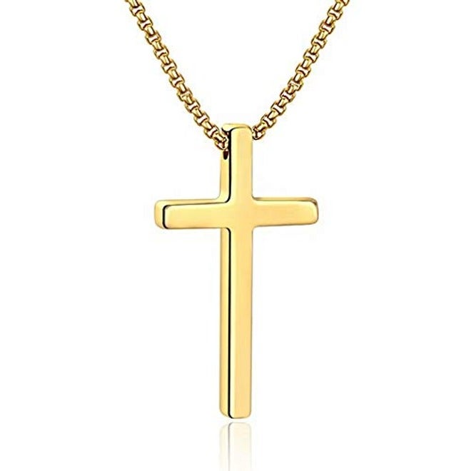 M MOOHAM Cross Necklace for Men & Teen Boys | Stainless Steel Cross Pendant Chain in Silver, Gold Cross Pendant 2.1"x1.2", Gold | 16-30 Inch Adjustable Length | Religious Jewelry Gift