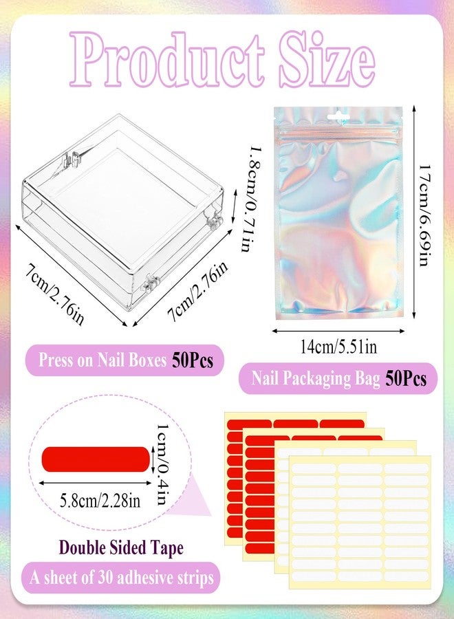 Worldity 50 Pcs Press on Nail Storage Box, Clear Nail Display Case with 120 Pcs Adhesive Double Sided Tape and 50 Pcs Nails Packaging Bag, Press on Nail Case for Nails Salon, Storage, Display - Image 2