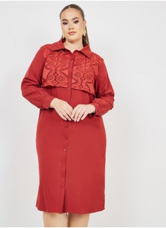 Styli Plus Lace Detail Shirt Midi Dress  - Image 1