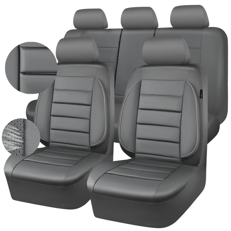 CAR PASS Leather Seat Covers Full Set Universal Water Resistant 3D Foam Back Support Luxury Comfort Automotive 5 Seat Covers All Season Fit for SUVSedanVan Airbag Compatible Elegance Gray