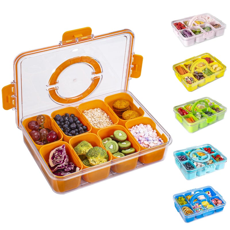 WACOI Divided Snack Serving Tray with Lid and Handle Travel Snackle Charcuterie Container Portable Storage Organizer for Candy, Fruits, Nuts, Snacks, Party, Picnic (1pack, Orange) - Image 1