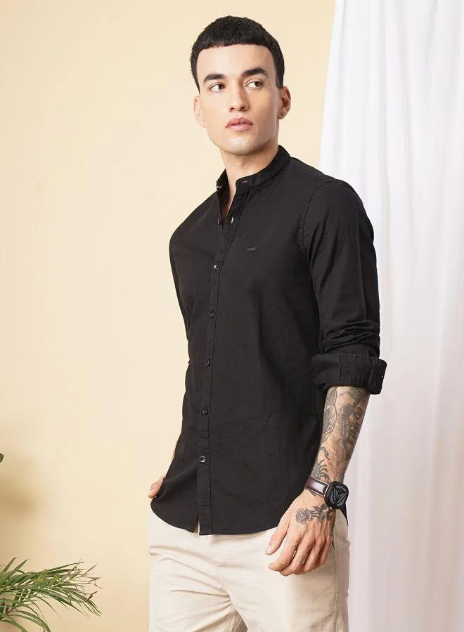 The Indian Garage Co Men Slim Fit Solid Full Sleeves Mandarin Collar Casual Shirt