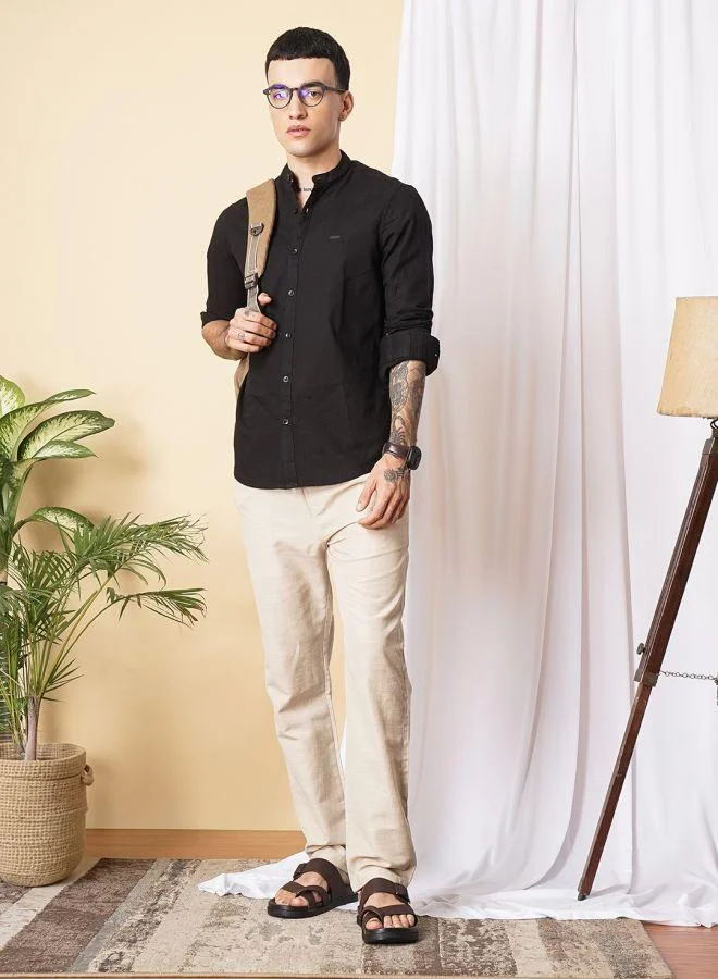 The Indian Garage Co Men Slim Fit Solid Full Sleeves Mandarin Collar Casual Shirt