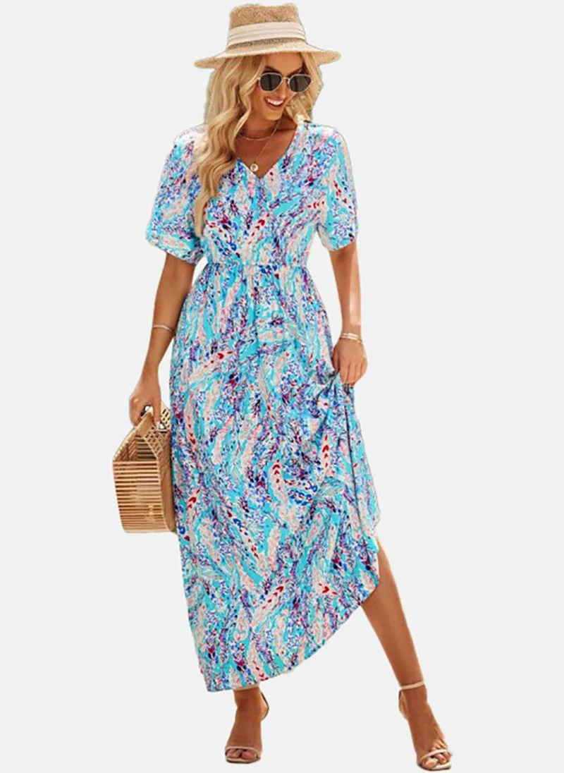 YUNIQEE Turquoise Blue Basic Printed V Neck Short Sleeve Dress