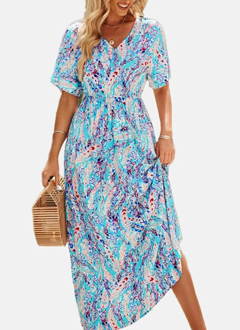 YUNIQEE Turquoise Blue Basic Printed V Neck Short Sleeve Dress