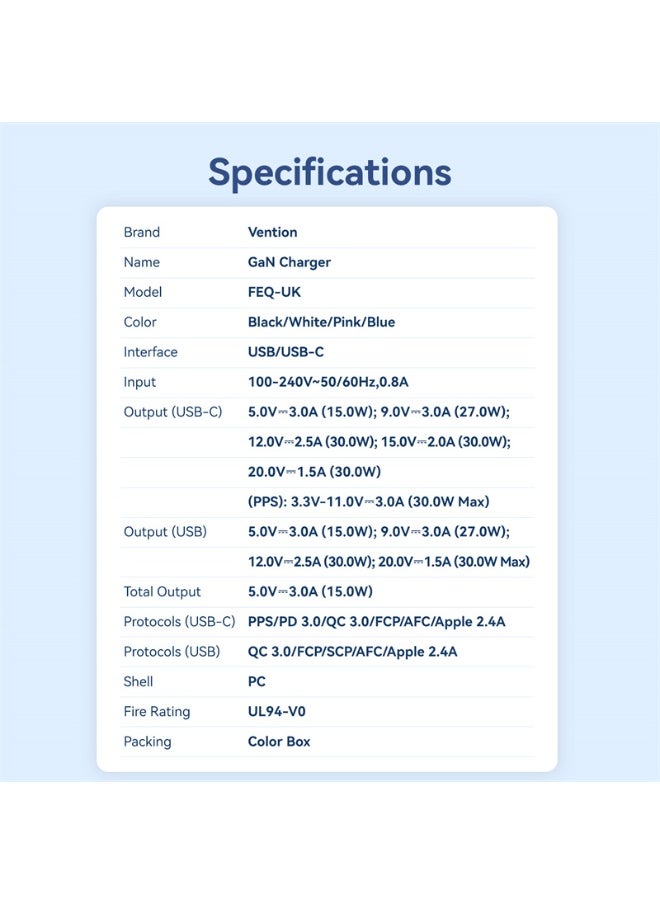 فينشن شاحن VENTION ثنائي المنافذ USB (C + A) GaN (30 واط/30 واط) قابس المملكة المتحدة وردي رقم الموديل FEQP0-UK  - Image 3