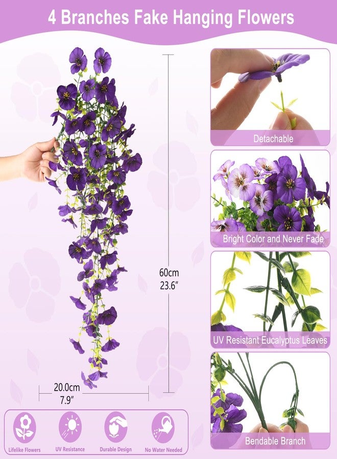 ZFProcess Fake Artificial Flowers for Outdoors, 4 Pcs Faux Hanging Pansy Flowers Spring Summer Decor, UV Resistant Fake Plants Silk Flower for Planter Front Door Porch Patio Yard Garden(Gradient Double Purple) - Image 4