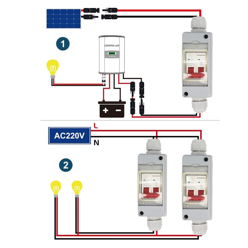 klarako 32A 500V PV DC Disconnect Switch, MCB 2P Solar Current Sink Load Switching Air Switch, Miniature Circuit Breaker with IP65 Waterproof Distribution Box for Solar Panel (with Cable and PV Connector) - Image 4