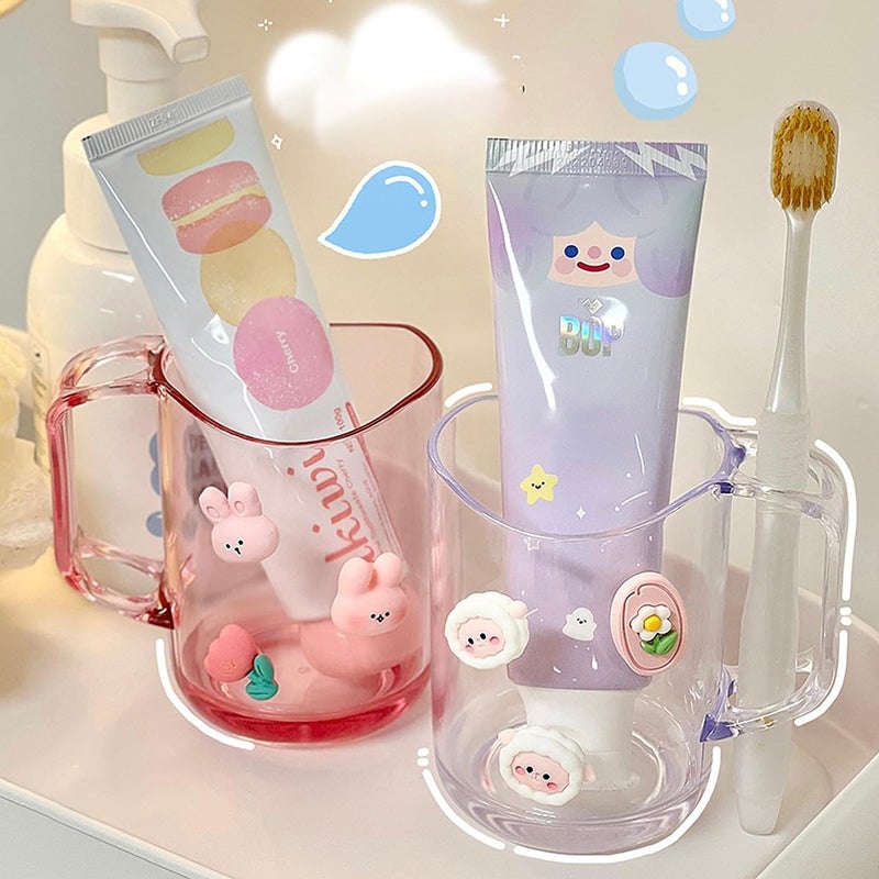 Wolpin Set of 2 Pcs Toothbrush Holders for Bathroom Cups with 3D Cute Stickers Plastic Stand for Toothpaste Comb Brush Cream Lotion Kids Bathroom Cup Drain - Image 1
