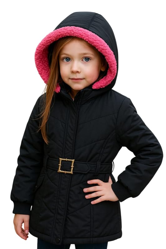 CAPICHINO Girls’ Hooded Winter Jacket – Warm Quilted Puffer Coat with Belt, Water-Resistant Outerwear for Cold Weather (Black,8-9 Years) - Image 5
