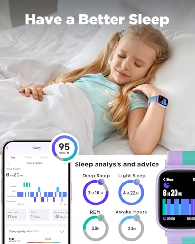 BIGGERFIVE ساعة ذكية للأطفال من بيجر فايف، ساعة تتبع اللياقة البدنية 1.8"، عداد خطوات، معدل ضربات القلب، مقاومة للماء IP68، مراقب النوم، عداد السعرات الحرارية، 5 ألعاب ألغاز مع/بدون تطبيق للفتيات المراهقات من 5-16، نايلون - Image 4